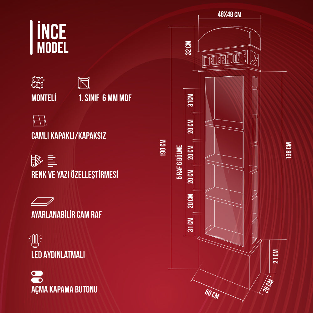 İnce Camlı Raflı Dekoratif İngiltere Telefon Kulübesi | Stand