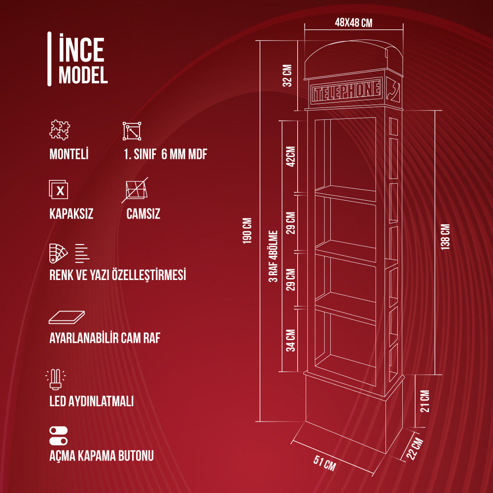 İnce Camlı Raflı Dekoratif İngiltere Telefon Kulübesi | Stand